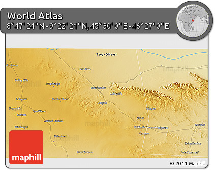 Physical 3D Map of the Area around 9° 4' 52" N, 45° 58' 30" E