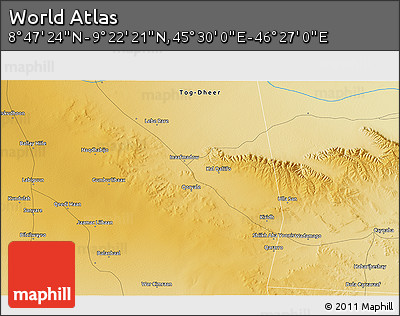 Physical 3D Map of the Area around 9° 4' 52" N, 45° 58' 30" E
