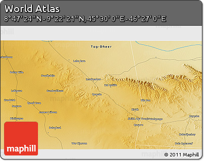 Physical 3D Map of the Area around 9° 4' 52" N, 45° 58' 30" E
