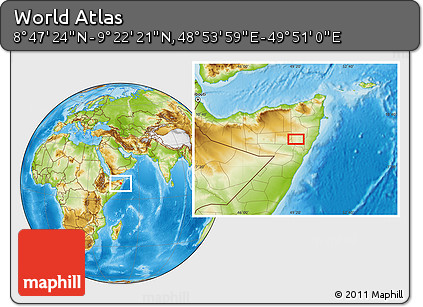Physical Location Map of the Area around 9° 4' 52" N, 49° 22' 30" E