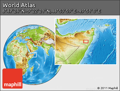 Physical Location Map of the Area around 9° 4' 52" N, 49° 22' 30" E