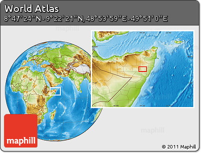 Physical Location Map of the Area around 9° 4' 52" N, 49° 22' 30" E