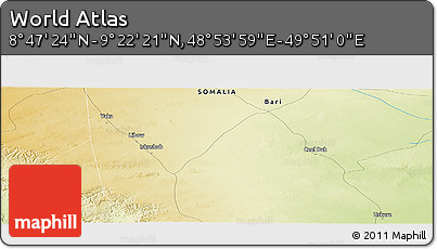 Physical Panoramic Map of the Area around 9° 4' 52" N, 49° 22' 30" E