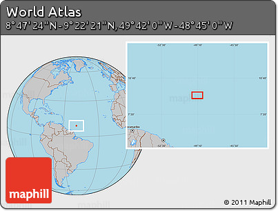 Gray Location Map of the Area around 9° 4' 52" N, 49° 13' 30" W