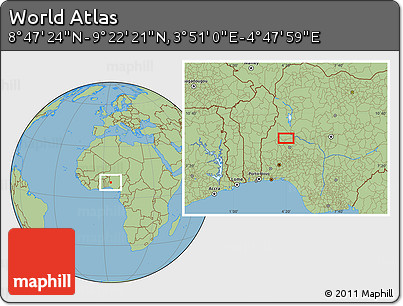Savanna Style Location Map of the Area around 9° 4' 52" N, 4° 19' 30" E
