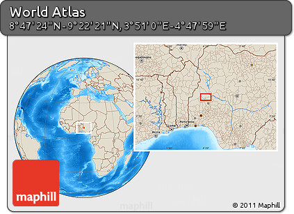 Shaded Relief Location Map of the Area around 9° 4' 52" N, 4° 19' 30" E