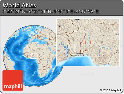 Shaded Relief Location Map of the Area around 9° 4' 52" N, 4° 19' 30" E