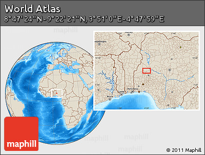 Shaded Relief Location Map of the Area around 9° 4' 52" N, 4° 19' 30" E