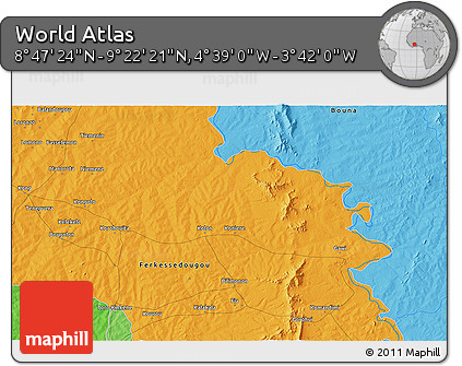 Political 3D Map of the Area around 9° 4' 52" N, 4° 10' 30" W