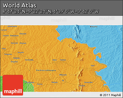 Political 3D Map of the Area around 9° 4' 52" N, 4° 10' 30" W