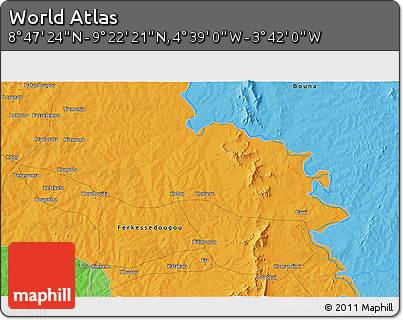 Political 3D Map of the Area around 9° 4' 52" N, 4° 10' 30" W