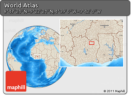 Shaded Relief Location Map of the Area around 9° 4' 52" N, 4° 10' 30" W