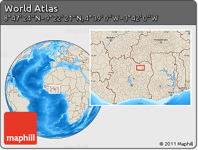 Shaded Relief Location Map of the Area around 9° 4' 52" N, 4° 10' 30" W
