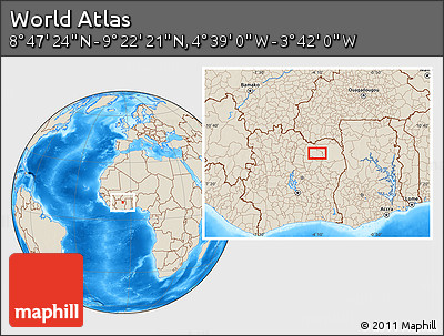 Shaded Relief Location Map of the Area around 9° 4' 52" N, 4° 10' 30" W