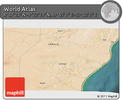 Satellite 3D Map of the Area around 9° 4' 52" N, 50° 13' 30" E