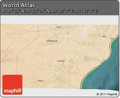 Satellite 3D Map of the Area around 9° 4' 52" N, 50° 13' 30" E