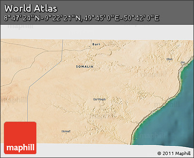 Satellite 3D Map of the Area around 9° 4' 52" N, 50° 13' 30" E