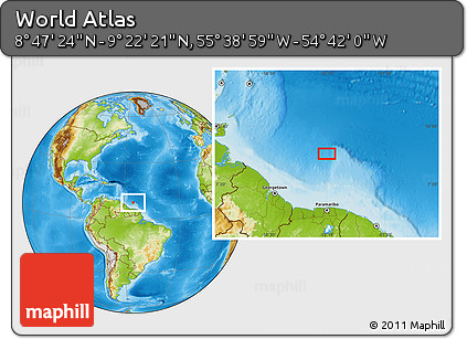 Physical Location Map of the Area around 9° 4' 52" N, 55° 10' 29" W