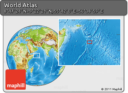 Physical Location Map of the Area around 9° 4' 52" N, 56° 10' 29" E
