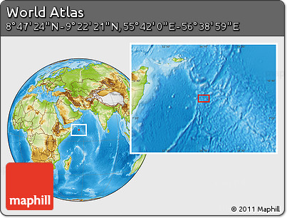 Physical Location Map of the Area around 9° 4' 52" N, 56° 10' 29" E