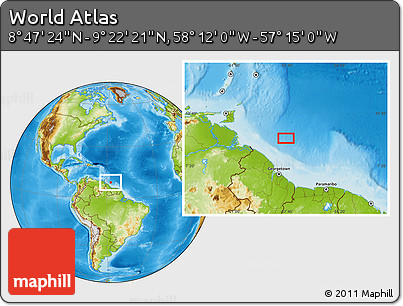 Physical Location Map of the Area around 9° 4' 52" N, 57° 43' 30" W