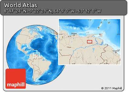 Shaded Relief Location Map of the Area around 9° 4' 52" N, 63° 40' 30" W