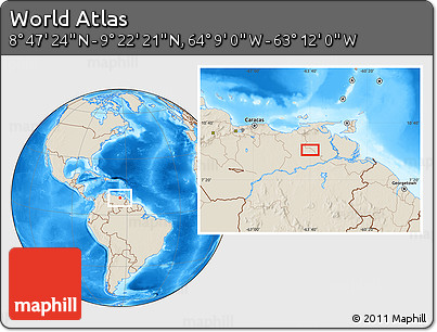 Shaded Relief Location Map of the Area around 9° 4' 52" N, 63° 40' 30" W