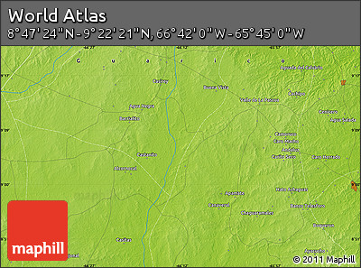 Physical Map of the Area around 9° 4' 52" N, 66° 13' 29" W