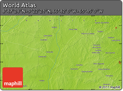 Physical Map of the Area around 9° 4' 52" N, 66° 13' 29" W