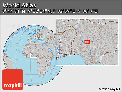Gray Location Map of the Area around 9° 4' 52" N, 6° 1' 30" E