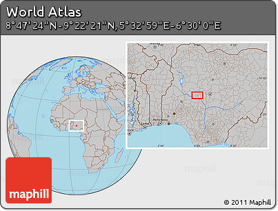 Gray Location Map of the Area around 9° 4' 52" N, 6° 1' 30" E