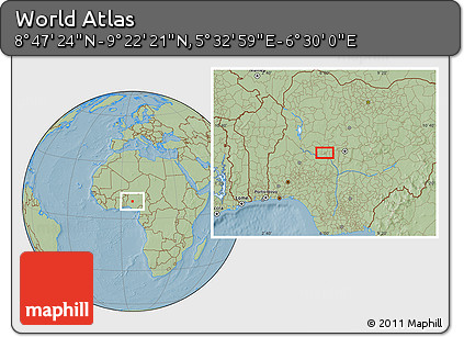Savanna Style Location Map of the Area around 9° 4' 52" N, 6° 1' 30" E, hill shading