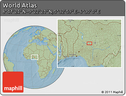 Savanna Style Location Map of the Area around 9° 4' 52" N, 6° 1' 30" E, hill shading