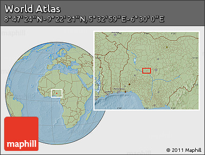 Savanna Style Location Map of the Area around 9° 4' 52" N, 6° 1' 30" E, hill shading