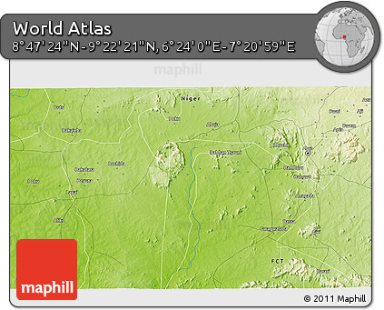 Physical 3D Map of the Area around 9° 4' 52" N, 6° 52' 30" E