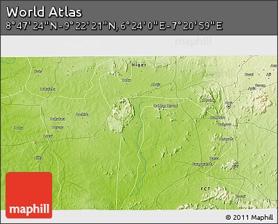 Physical 3D Map of the Area around 9° 4' 52" N, 6° 52' 30" E