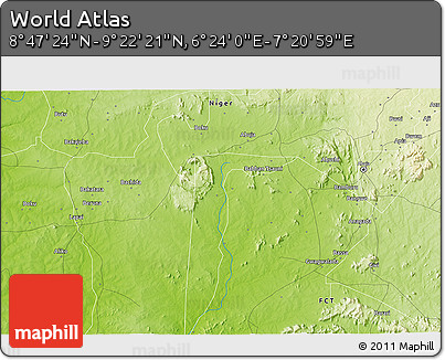 Physical 3D Map of the Area around 9° 4' 52" N, 6° 52' 30" E
