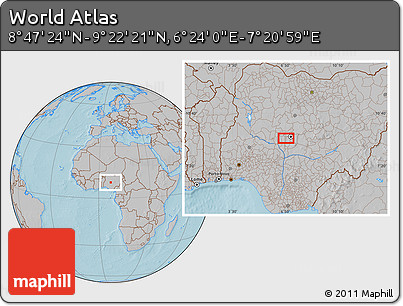 Gray Location Map of the Area around 9° 4' 52" N, 6° 52' 30" E, hill shading