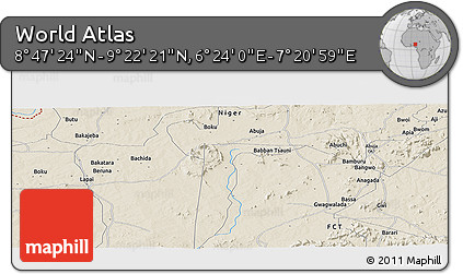 Shaded Relief Panoramic Map of the Area around 9° 4' 52" N, 6° 52' 30" E