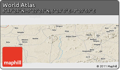 Shaded Relief Panoramic Map of the Area around 9° 4' 52" N, 6° 52' 30" E