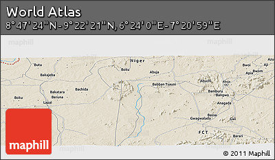 Shaded Relief Panoramic Map of the Area around 9° 4' 52" N, 6° 52' 30" E