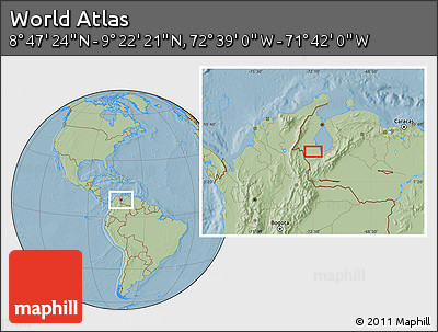 Savanna Style Location Map of the Area around 9° 4' 52" N, 72° 10' 30" W, hill shading