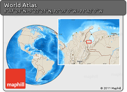 Shaded Relief Location Map of the Area around 9° 4' 52" N, 72° 10' 30" W