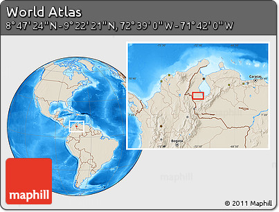 Shaded Relief Location Map of the Area around 9° 4' 52" N, 72° 10' 30" W