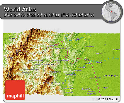 Physical 3D Map of the Area around 9° 4' 52" N, 73° 1' 30" W