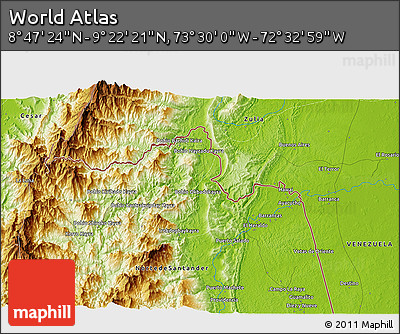 Physical 3D Map of the Area around 9° 4' 52" N, 73° 1' 30" W