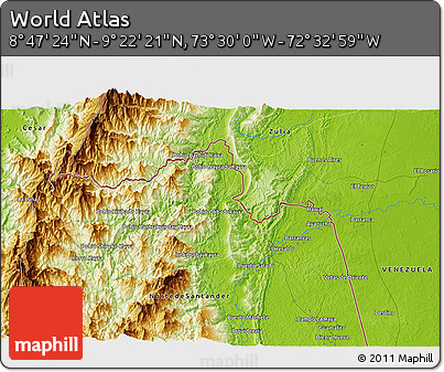 Physical 3D Map of the Area around 9° 4' 52" N, 73° 1' 30" W