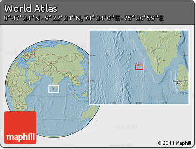 Savanna Style Location Map of the Area around 9° 4' 52" N, 74° 52' 30" E, hill shading