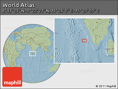 Savanna Style Location Map of the Area around 9° 4' 52" N, 74° 52' 30" E, hill shading