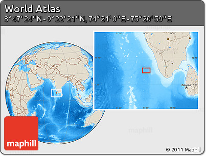 Shaded Relief Location Map of the Area around 9° 4' 52" N, 74° 52' 30" E